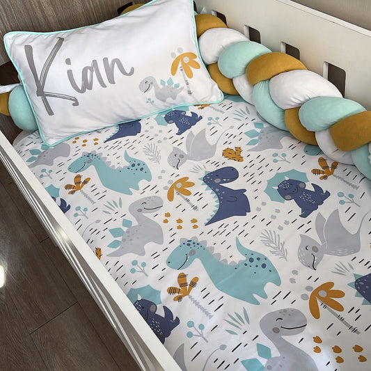 Cot Bedding - Blue Mustard Dinosaur Set 02