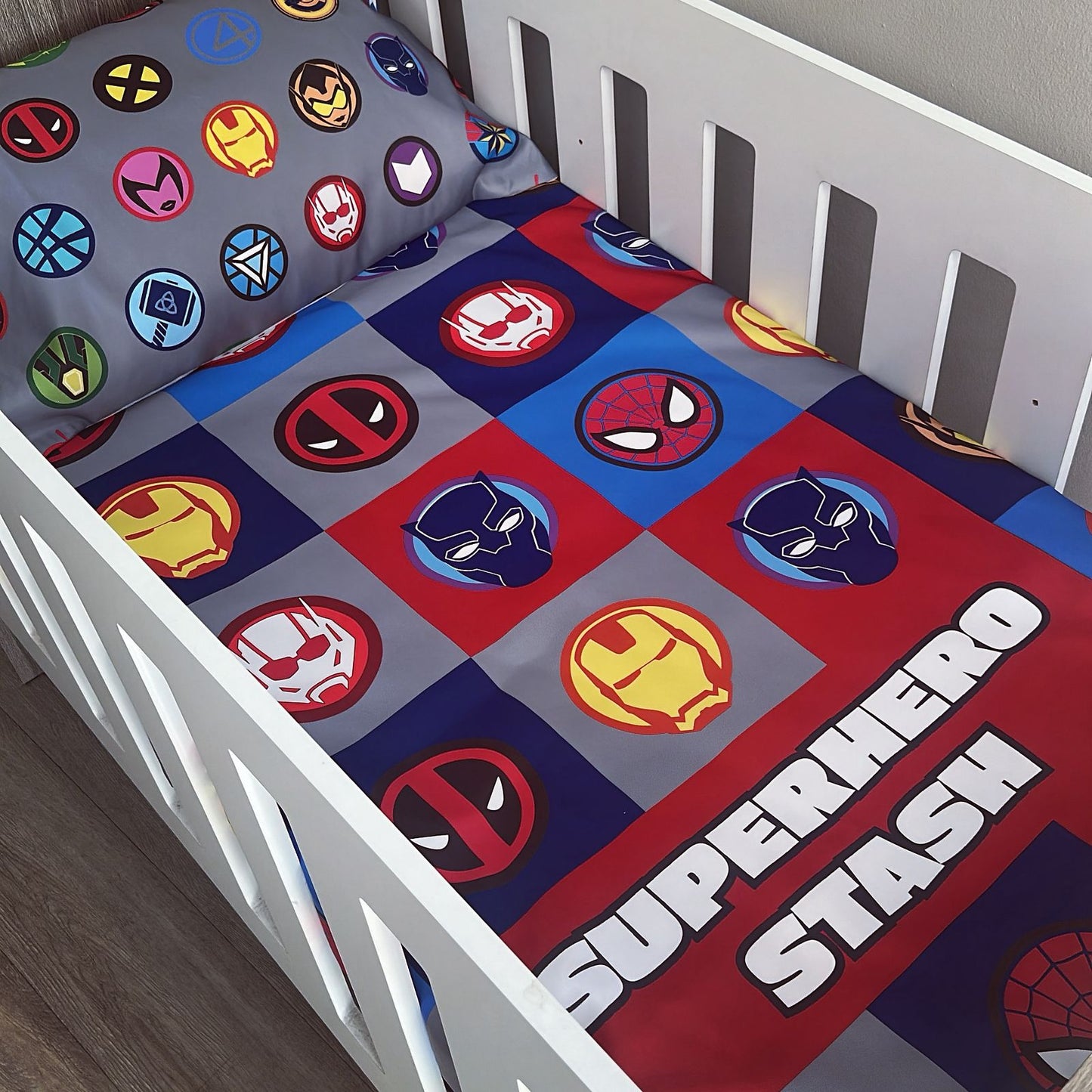 Cot Bedding - Blue Red Superhero Set 02