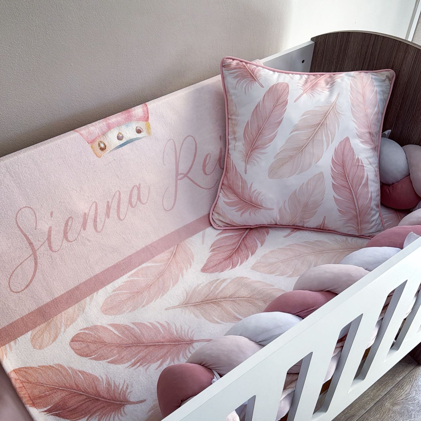 Cot Bedding - Pink Crown Feather Set 01
