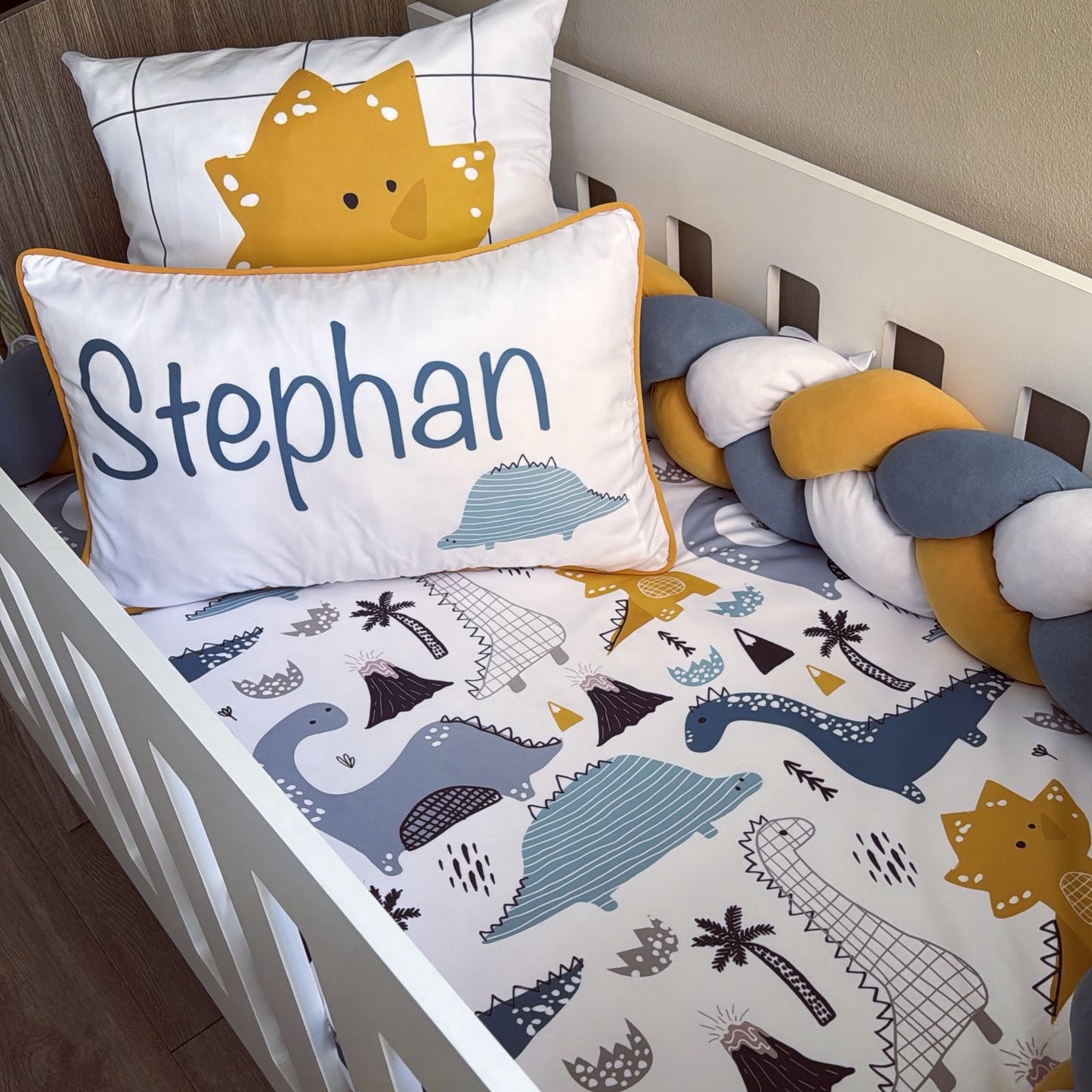 Cot Bedding - Blue Mustard Dinosaur Set 01