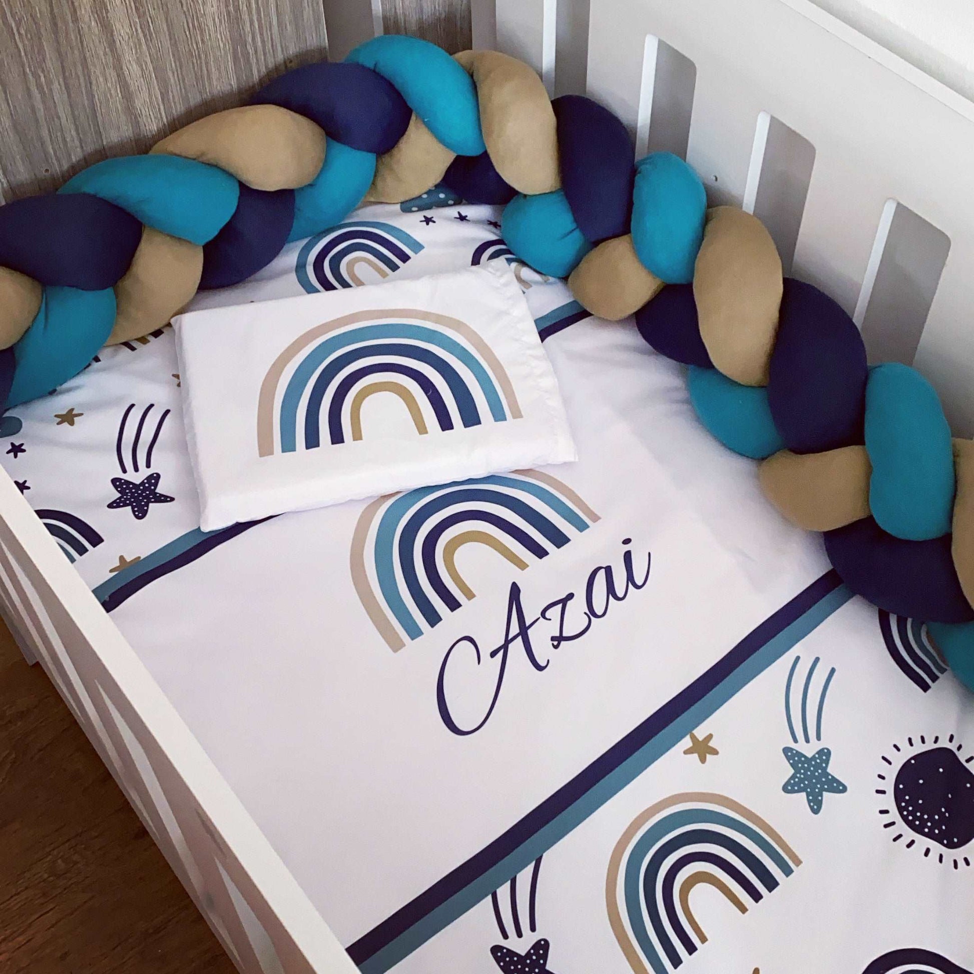 Cot Bedding - Blue Stone Navy Rainbow Delight Set