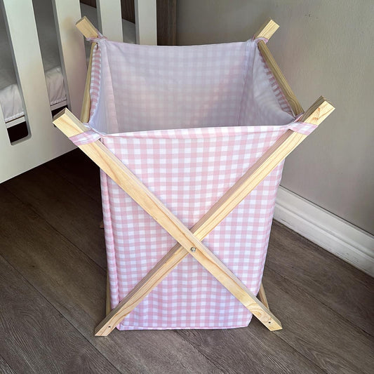 Wooden Laundry Baskets  - Pink Check 01 with a charming pink checkered design, perfect for organizing kids' items.