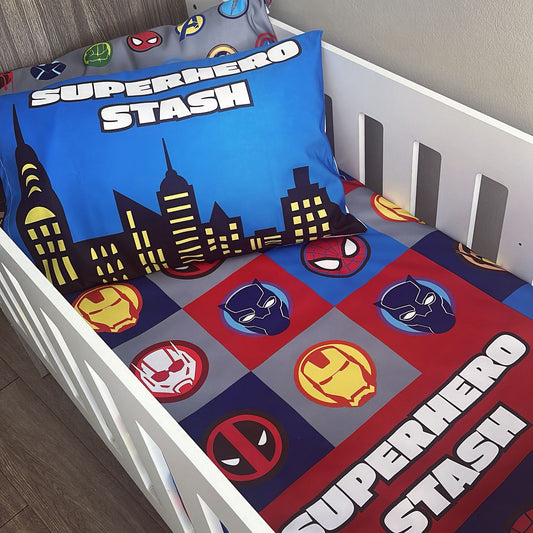 Cot Bedding - Blue Red Superhero Set 02