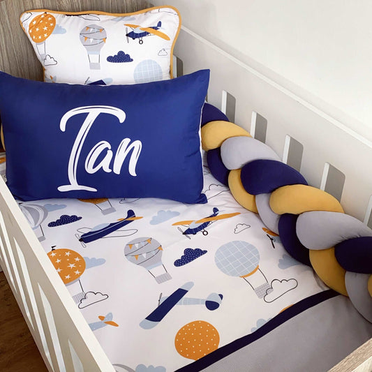 Cot Bedding - Navy Mustard Plane Set