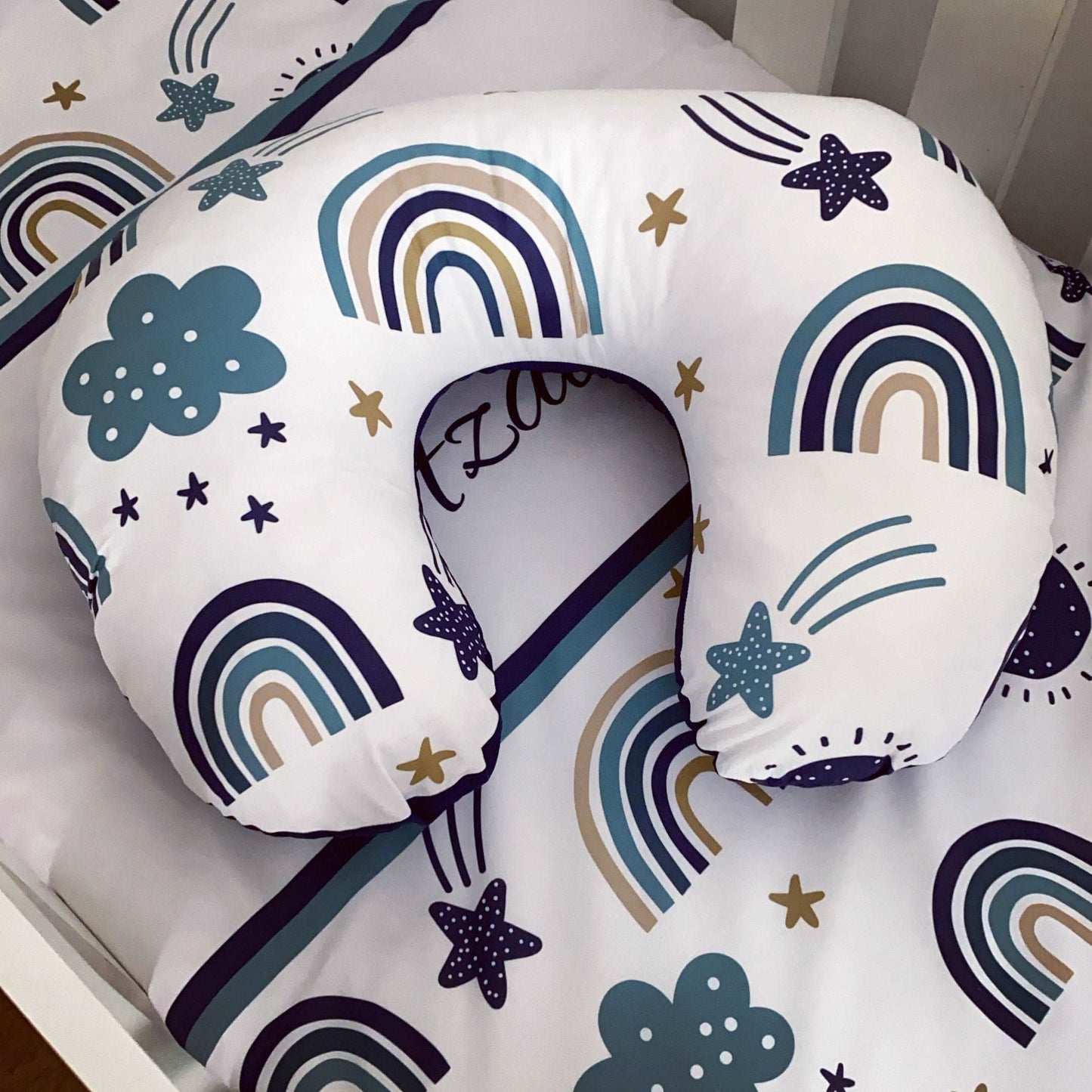 Cot Bedding - Blue Stone Navy Rainbow Delight Set