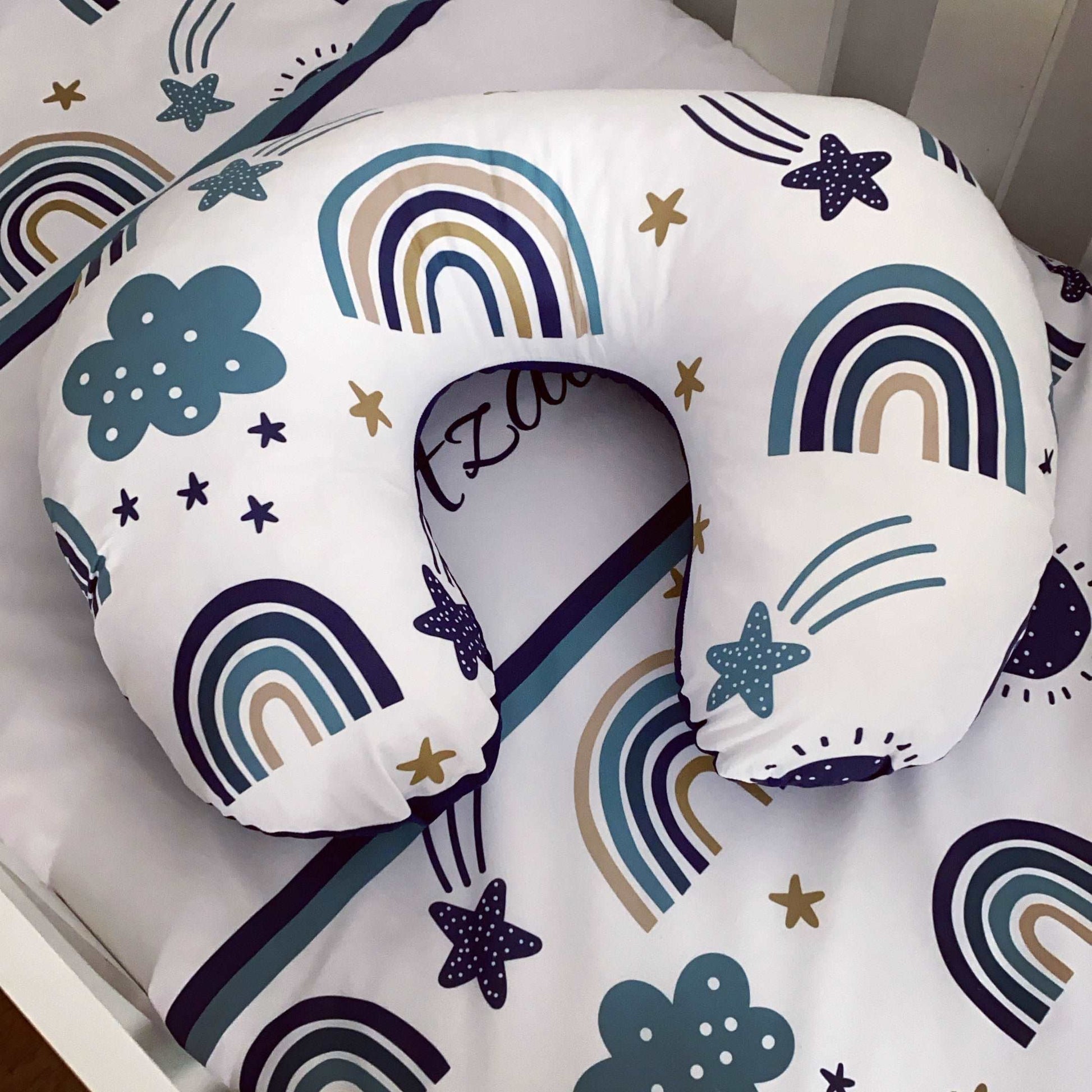 Cot Bedding - Blue Stone Navy Rainbow Delight Set