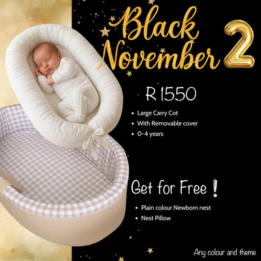 Baby in a large carry cot with promotional text for 'Black November 2' sale.