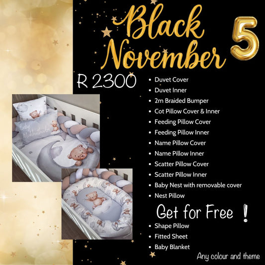 Baby bedding set with price and product list on a black background with 'Black November' text.