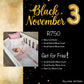 Advertisement for 'Black November' baby product set with price and free items on a black background.