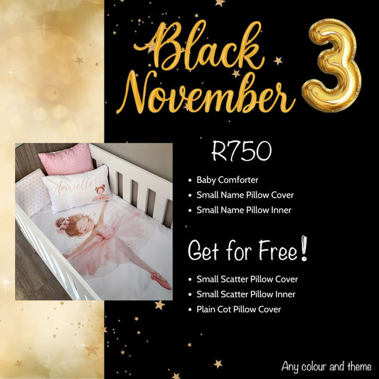 Advertisement for 'Black November' baby product set with price and free items on a black background.