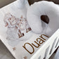 Decorative box with two sheep illustrations and the name 'Dylan' on a wooden surface. | Baby Essentials | All Baby Products | Soft Spot Kids | South Africa