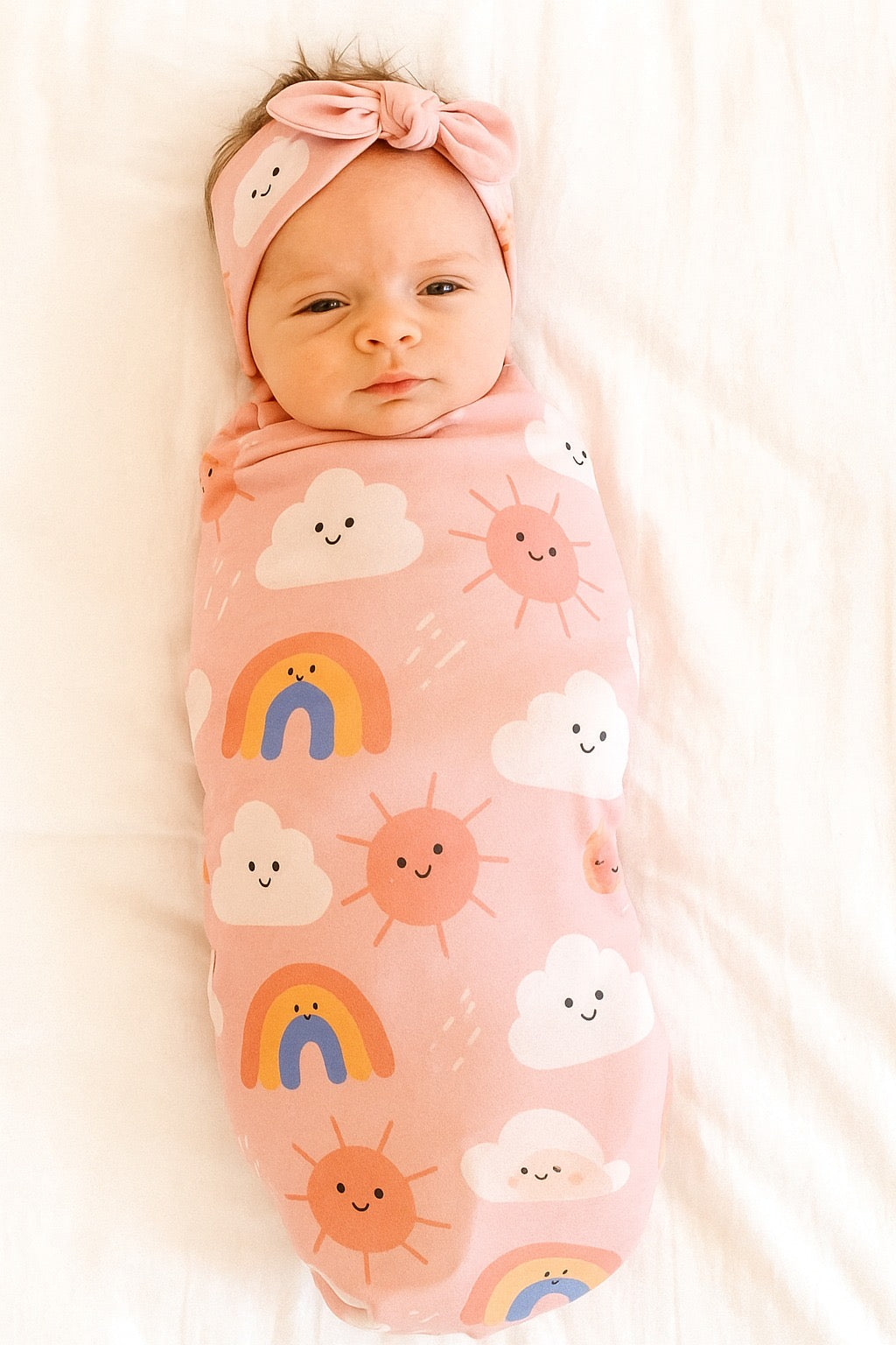 Baby wrapped in a pink swaddle with cloud, rainbow, and sun patterns, wearing a matching headband.