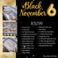 Baby bedding set with 'Black November' promotional text and pricing on a black background.