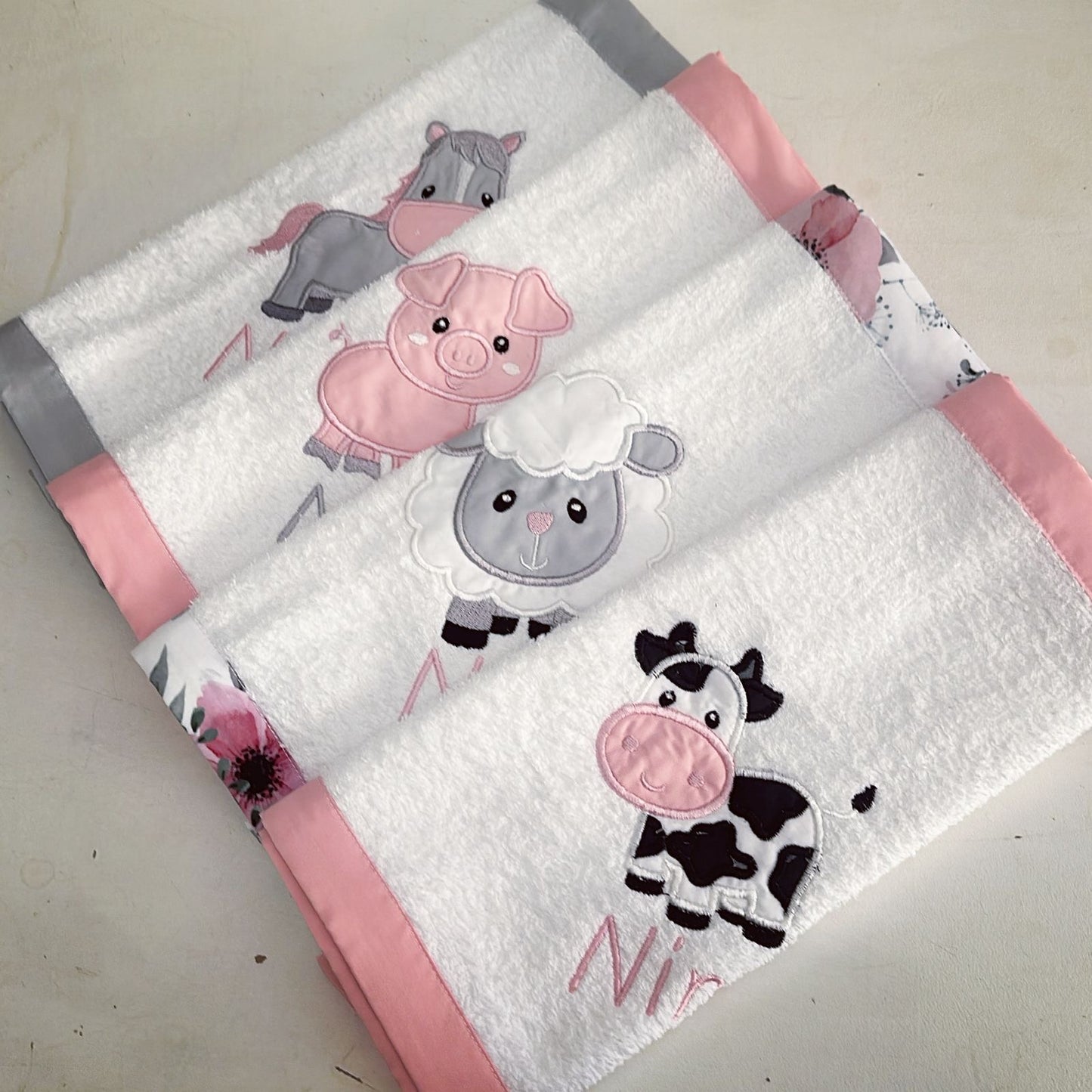 Burpcloths - Pink Farm 03 with farm animal appliqués on a light background