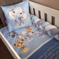 A baby bedding set in a white crib, featuring a light blue sheet and matching pillowcase printed with watercolor illustrations of baby animals including an elephant, zebra, giraffe, lion cub, and a pig. A chunky braided bumper in matching light blue, white, and gray is attached along the side. | All Nursery Sets | Baby Bedding Sets South Africa | Soft Spot Kids | South Africa