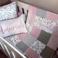 A pink and white patchwork baby bedding set in a white crib, featuring a quilt with floral and gingham patterns, a matching pillow, and a personalized name pillow that reads 'Amariah'. | All Nursery Sets | Baby Bedding Sets South Africa | Soft Spot Kids | South Africa