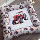 A square farm-themed pet bed with a white background and a printed border of red tractors, cows, sheep, barns, and trees, featuring a large central white square patch with a red tractor illustration. | All Nursery Sets | Baby Bedding Sets South Africa | Soft Spot Kids | South Africa