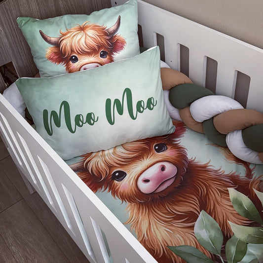 Cot Bedding - Sage Highland Cow Set 04