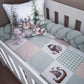 A baby crib bedding set featuring a patchwork quilt in sage green, beige, and white with Viking-themed illustrations, a matching braided bumper, and a decorative pillow with a Viking, wolf, and rabbit illustration. | All Nursery Sets | Baby Bedding Sets South Africa | Soft Spot Kids | South Africa