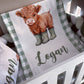 Crib sheet with a cow illustration and 'Logan' text on a checkered pattern | All Nursery Sets | Baby Bedding Sets South Africa | Soft Spot Kids | South Africa