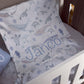 A personalized baby bedding set featuring a duvet cover and pillowcase with an ocean-themed print of whales, sea turtles, and seashells on a light gray background. The duvet cover is personalized with the name 'Janko' in a light blue script font. | All Nursery Sets | Baby Bedding Sets South Africa | Soft Spot Kids | South Africa