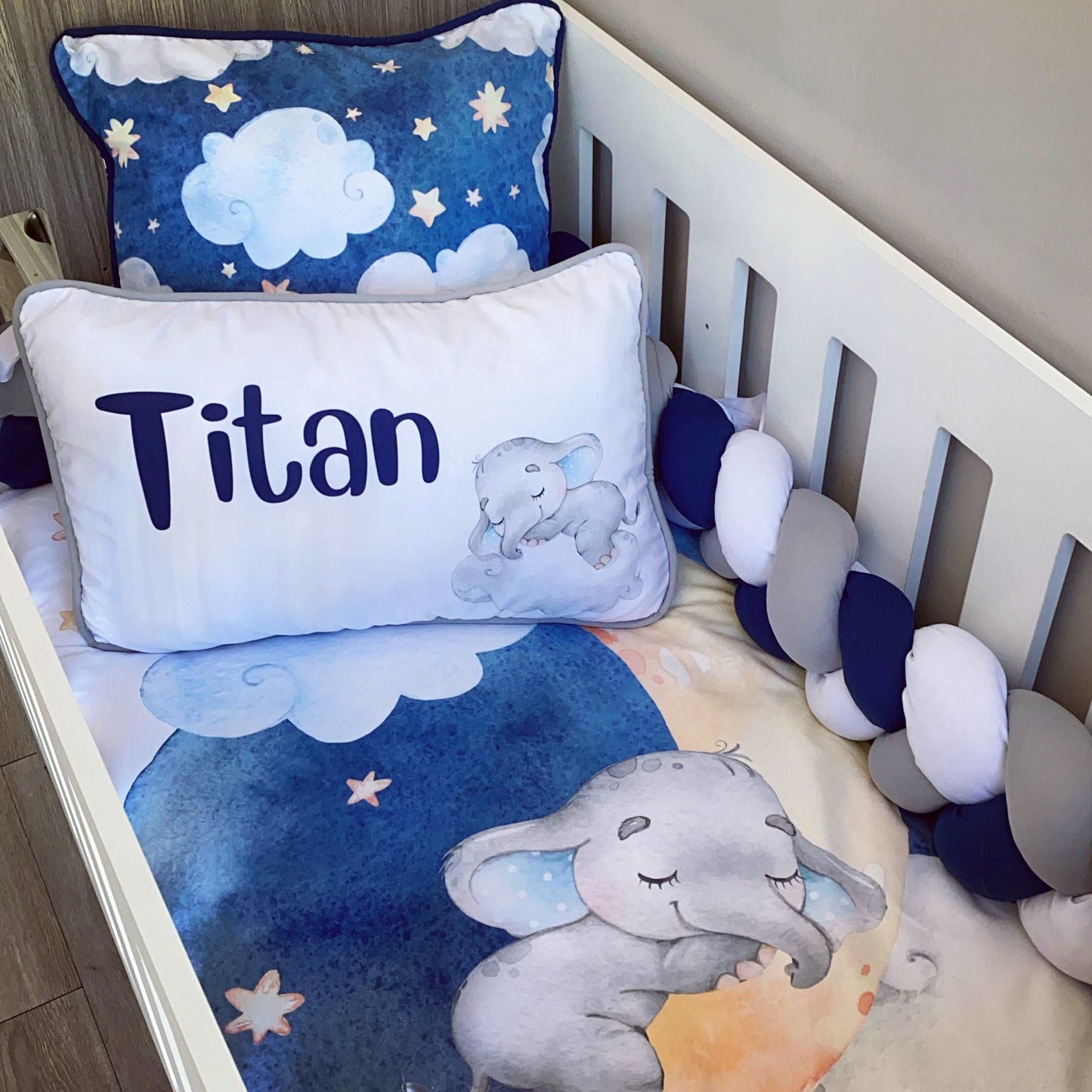 Cot Bedding - Blue Sleeping Elephant Set