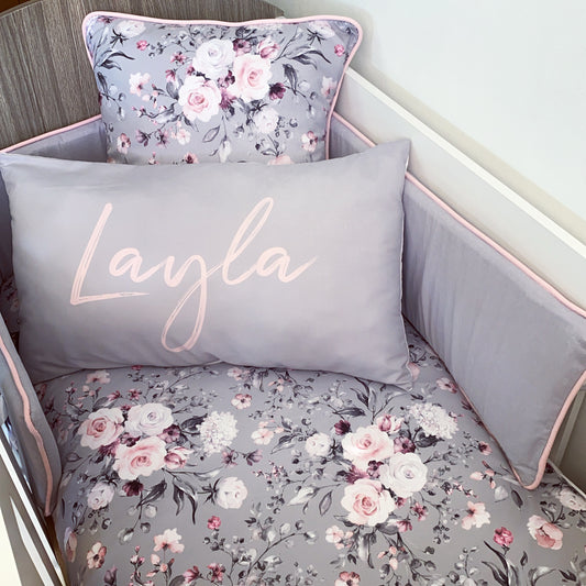 Cot Bedding - Grey Floral Set 02