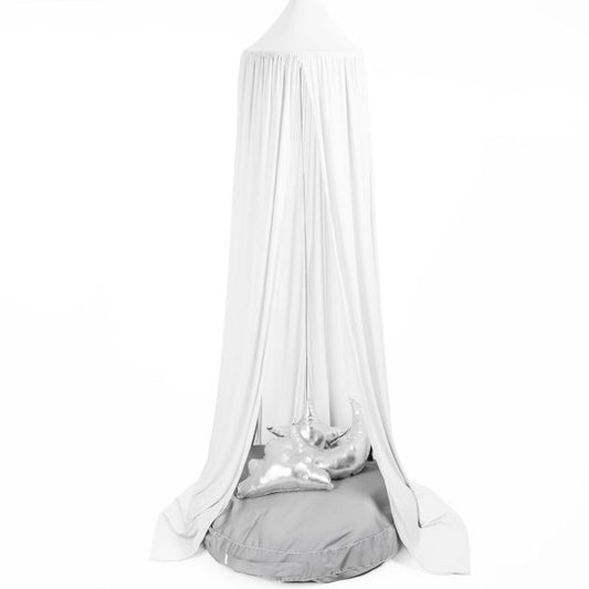 A white hanging tent canopy with a hoop diameter of 45cm, displayed against a white background. It is draped over a grey base which could be a feeding chair or cot.