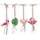 Four pink and green felt hanging ornaments shaped like a flamingo, a monstera leaf, a heart, and a protea flower, suspended from a white rod with pink ribbons on a white background. | Baby Essentials | All Baby Products | Soft Spot Kids | South Africa