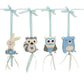 Four fabric animal hanging ornaments on a white bar with light blue ribbons: a bunny, raccoon, owl, and bear, shown on a plain white background. | Baby Essentials | All Baby Products | Soft Spot Kids | South Africa