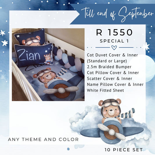 Promotional graphic for a baby cot duvet cover and matching pillow set in a blue teddy bear theme. The left side shows a crib setup with a blue duvet cover, matching pillow, and plush toy.