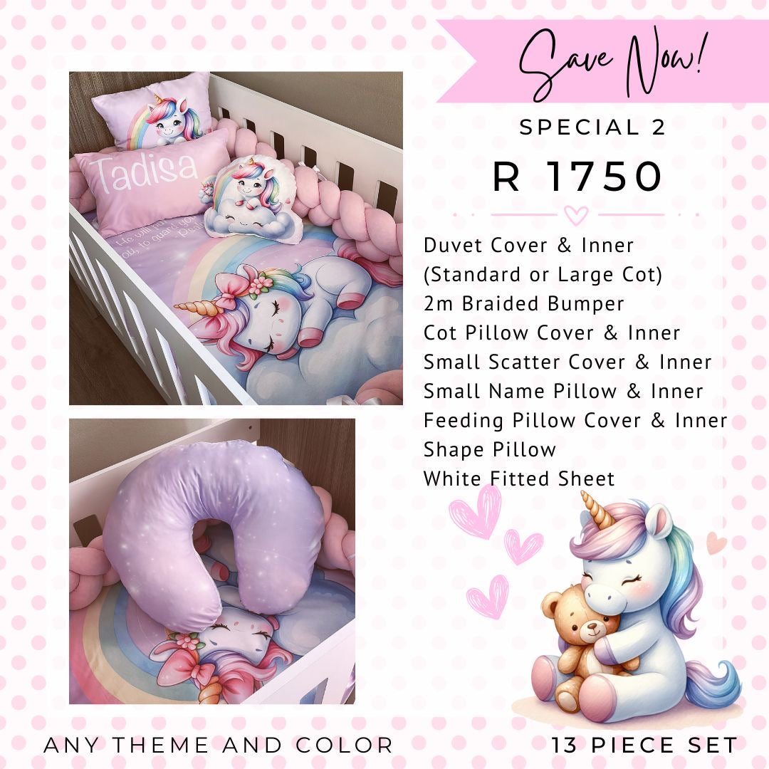 A promotional product listing for a unicorn-themed baby bedding set shown in two inset photos of a crib and a matching U-shaped bassinet cushion, alongside printed text listing included pieces and a special price. The bedding features pastel rainbow unicorns, pink polka-dot background graphics, and cartoon unicorn artwork.