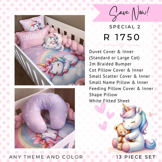 A promotional product listing for a unicorn-themed baby bedding set shown in two inset photos of a crib and a matching U-shaped bassinet cushion, alongside printed text listing included pieces and a special price. The bedding features pastel rainbow unicorns, pink polka-dot background graphics, and cartoon unicorn artwork.