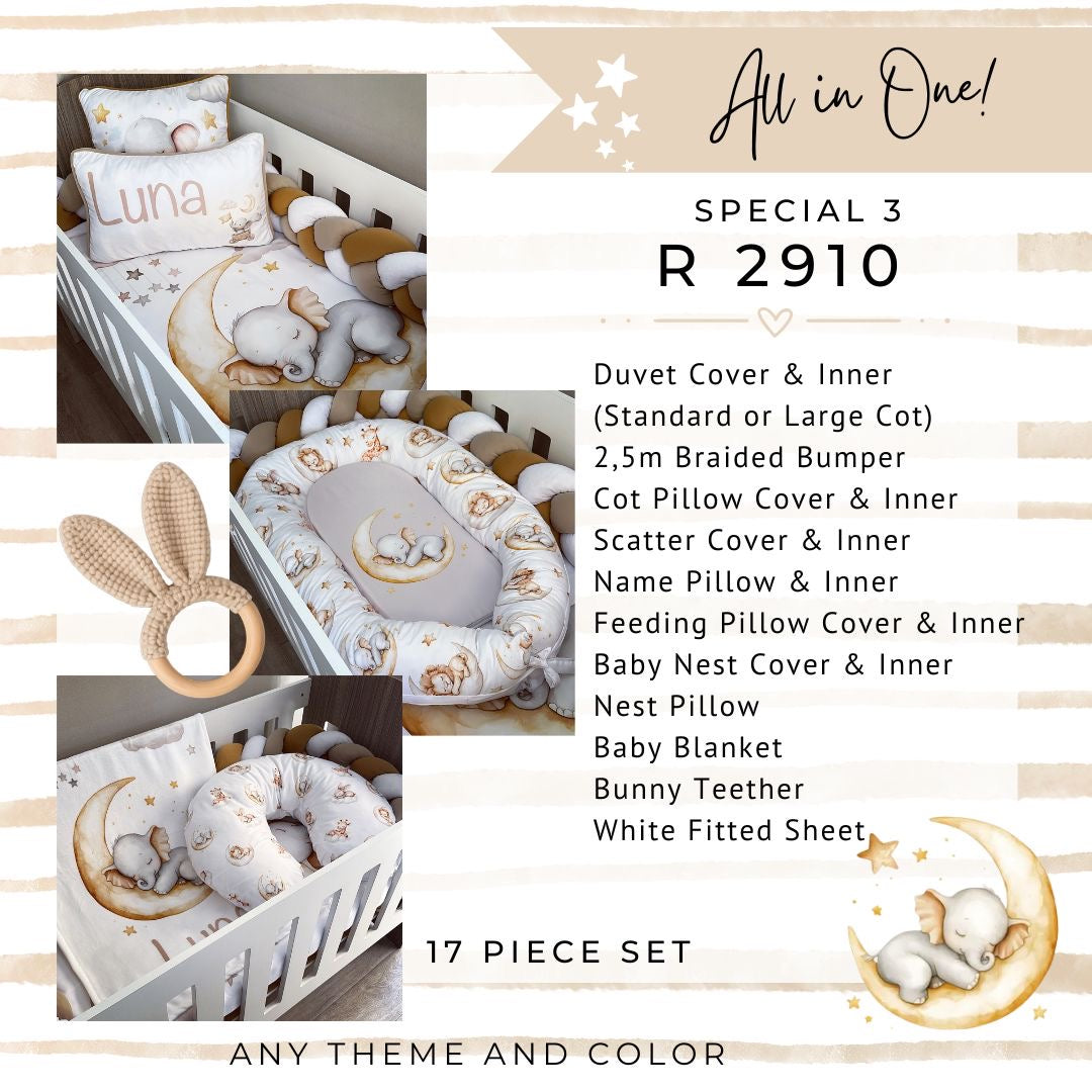 A promotional collage for a baby bedding set labeled 'All in One! SPECIAL 3 R 2910' and '17 PIECE SET'. The layout shows three inset photos of a crib styled with the bedding set, including a duvet cover, bumper, pillow, blanket, and a bunny teether, alongside a list of included items and text stating 'ANY THEME AND COLOR'.