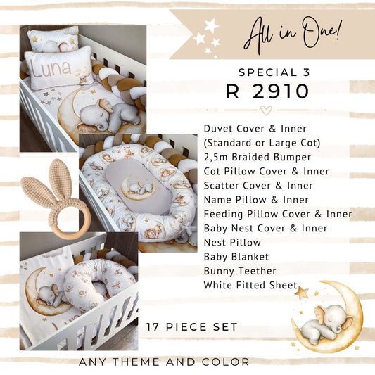 A promotional collage for a baby bedding set labeled 'All in One! SPECIAL 3 R 2910' and '17 PIECE SET'. The layout shows three inset photos of a crib styled with the bedding set, including a duvet cover, bumper, pillow, blanket, and a bunny teether, alongside a list of included items and text stating 'ANY THEME AND COLOR'.