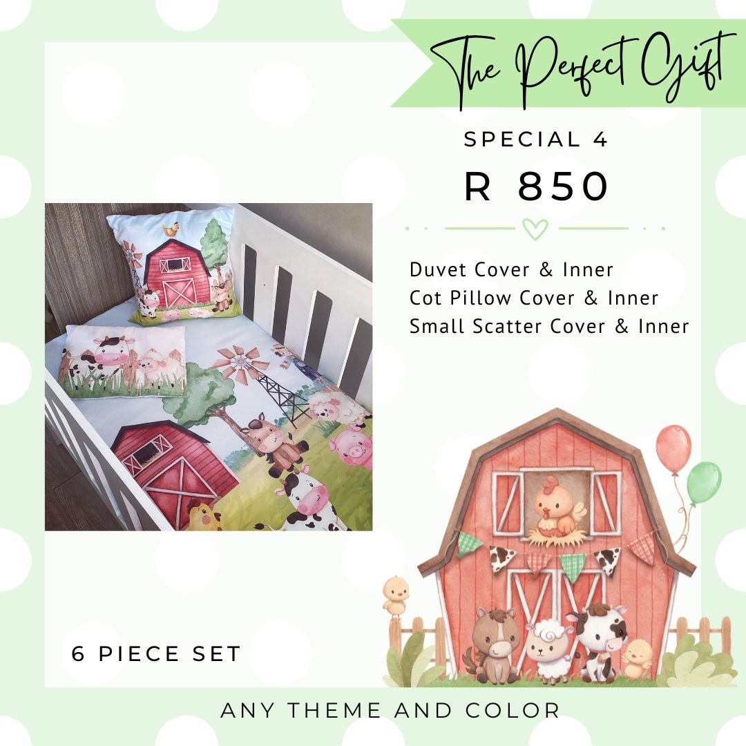 A promotional graphic for a 6-piece baby bedding set featuring a colorful farm and barn theme. The left side shows the bedding styled inside a white crib, with a matching pillow and duvet cover displaying pink cows, a red barn, and green trees.