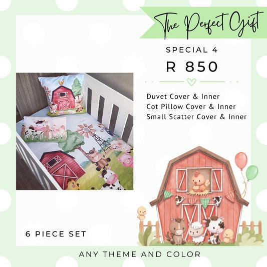 A promotional graphic for a 6-piece baby bedding set featuring a colorful farm and barn theme. The left side shows the bedding styled inside a white crib, with a matching pillow and duvet cover displaying pink cows, a red barn, and green trees.
