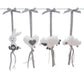Four soft plush baby hanging ornaments on a white rod: a white bunny with gray ears and belly, a white heart with a gray center, a white sheep with gray face and legs, and a white cloud with gray details. Each ornament hangs from a gray ribbon tied in a bow. | Baby Essentials | All Baby Products | Soft Spot Kids | South Africa