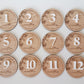 Wooden milestone discs with numbers 1 to 12 months on a white background | Baby Essentials | All Baby Products | Soft Spot Kids | South Africa