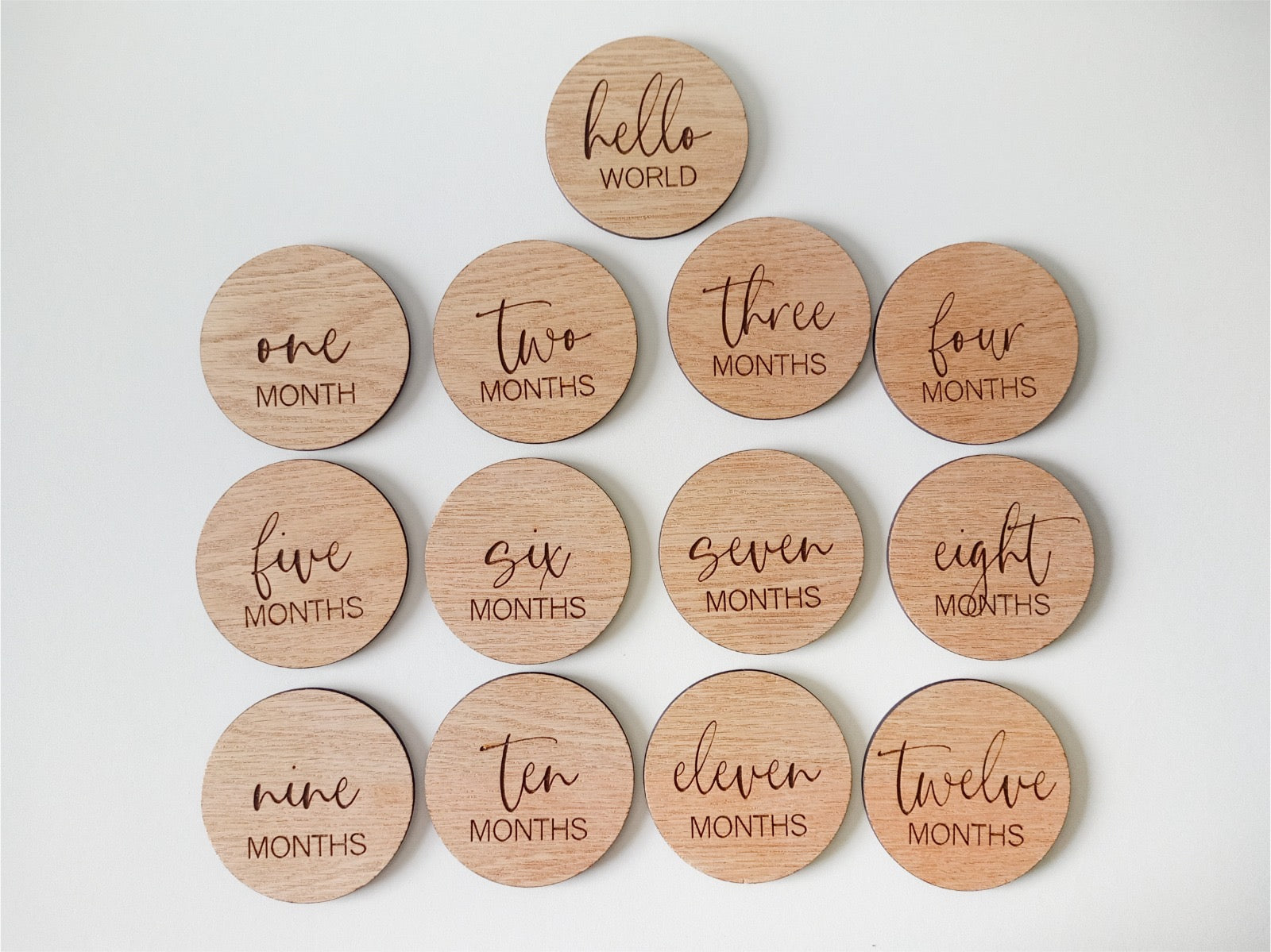 Wooden circular markers with milestone text on a light gray background