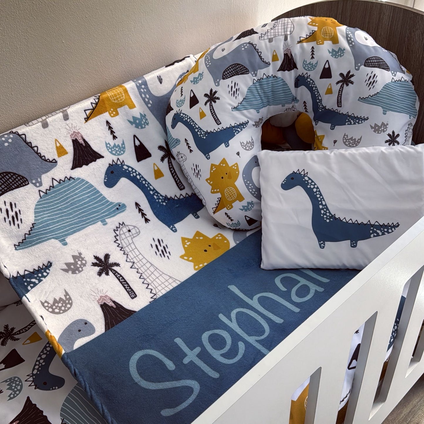 Cot Bedding - Blue Mustard Dinosaur Set 01