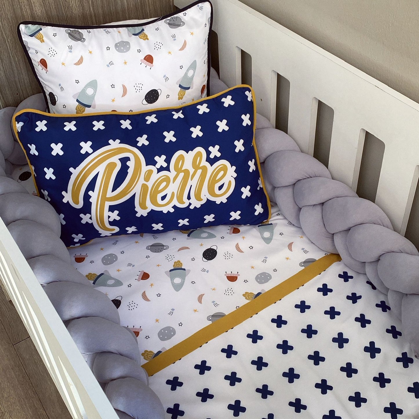 Cot Bedding - Blue Mustard Space Set 01