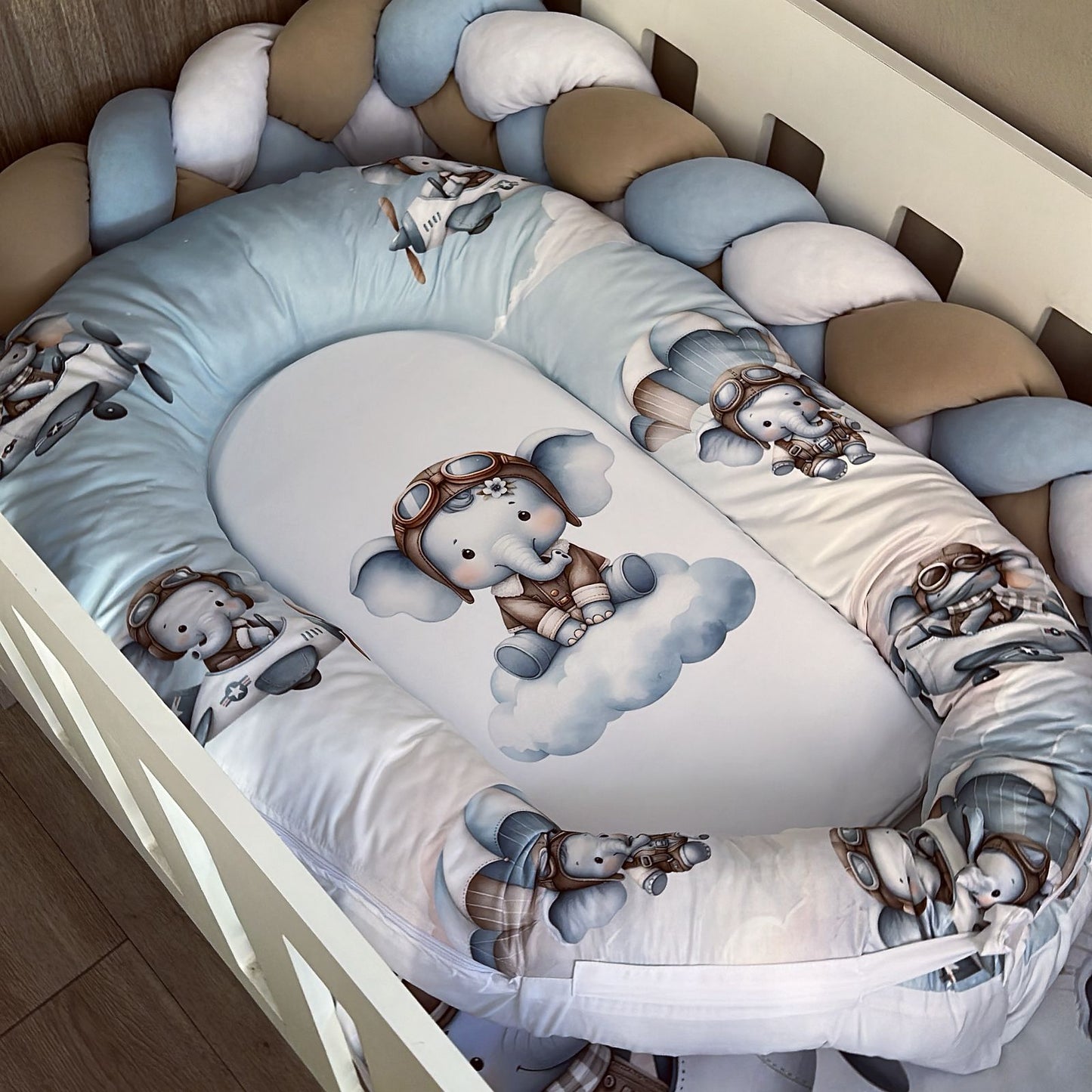 Cot Bedding - Blue Elephant Plane Set 01