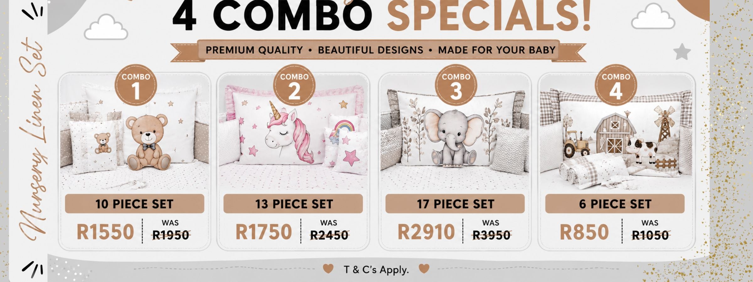 Promotional banner for a 4-combo special nursery linen set, showing four different bedding set options (Combos 1, 2, 3, and 4) with prices and 'T & C's Apply' text.