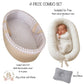 4-piece combo set with baby carry cot, nest pillow, and plain color newborn nest on a white background.
