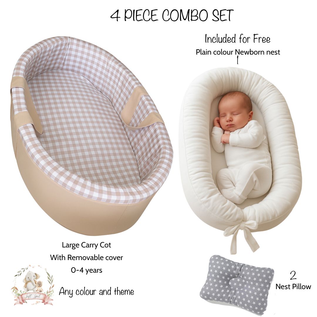 4-piece combo set with baby carry cot, nest pillow, and plain color newborn nest on a white background.