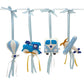 A set of four blue and white felt baby car and plane ornaments hanging from a white rod with light blue dotted ribbons, on a white background. | Baby Essentials | All Baby Products | Soft Spot Kids | South Africa